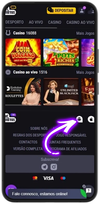 Ícone de download Android no site da Betandreas