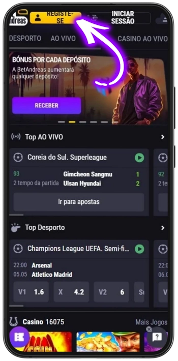 Botão de registo Betandreas no canto superior