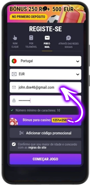 Formulário de registo da conta Betandreas